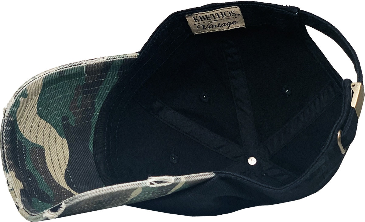 Black Camouflage Two Tone Distressed Vintage Baseball Cap Inside Turned Over View